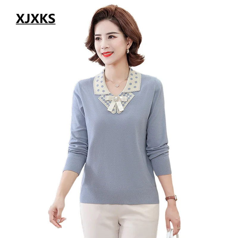 Модный женский тонкий свитер XJXKS с отложным воротником и длинными рукавами, Новинка осени 2022, свободный женский свитер