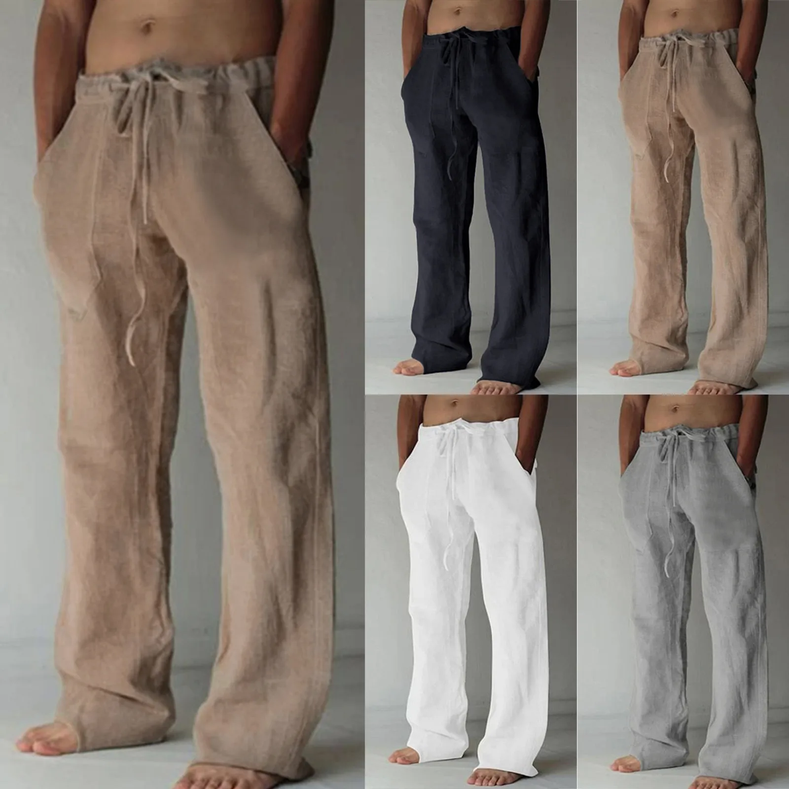 

Men's casual everyday solid full length mid-waist pocket drawstring pants stylish high quality comfortable pants