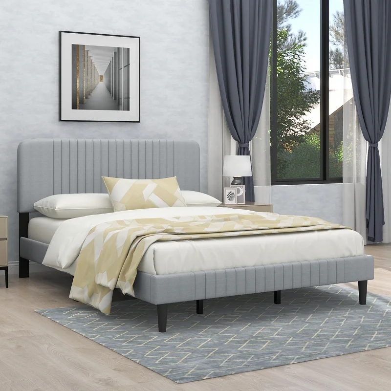 

[Flash Deal] Queen Size Platform Bed Linen Light Grey Slat Frame Qty 4 Pcs Bed Material Linen Metal Slat Frame [Us Stock]