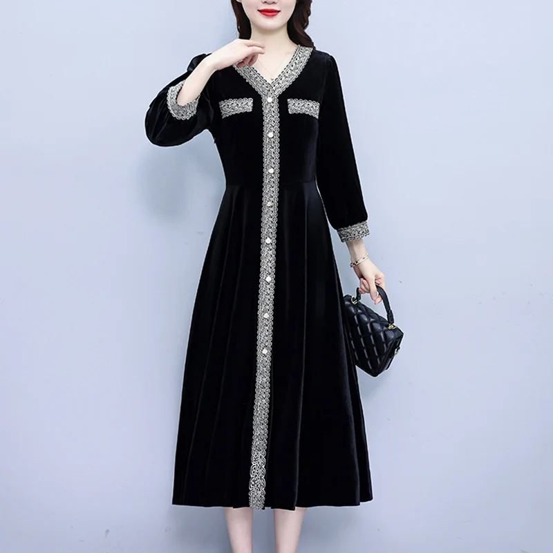 

Осень-зима 2023, винтажное женское платье, модное приталенное темпераментное бархатное золотистое платье с V-образным вырезом 5XL, платья средней длины