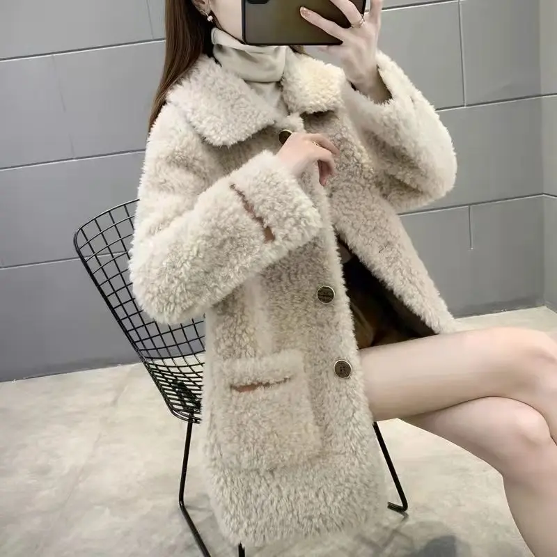 Women Winter New Fashion Natural Real Sheep Shearing Coats Female Genuine Lamb Fur Jackets Ladies Solid Color Warm Overcoat E484