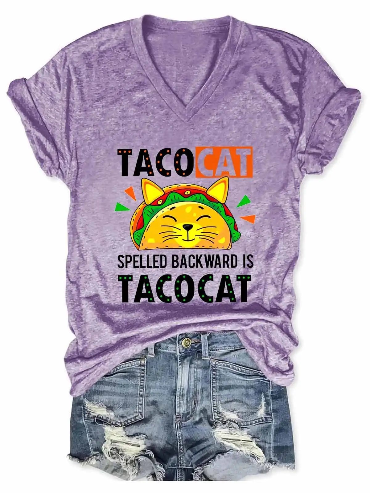 Lovessales Womens Spelled Backward Is Tacocat Funny Cat V-neck Short Sleeve 100% Cotton T-shirt images - 5