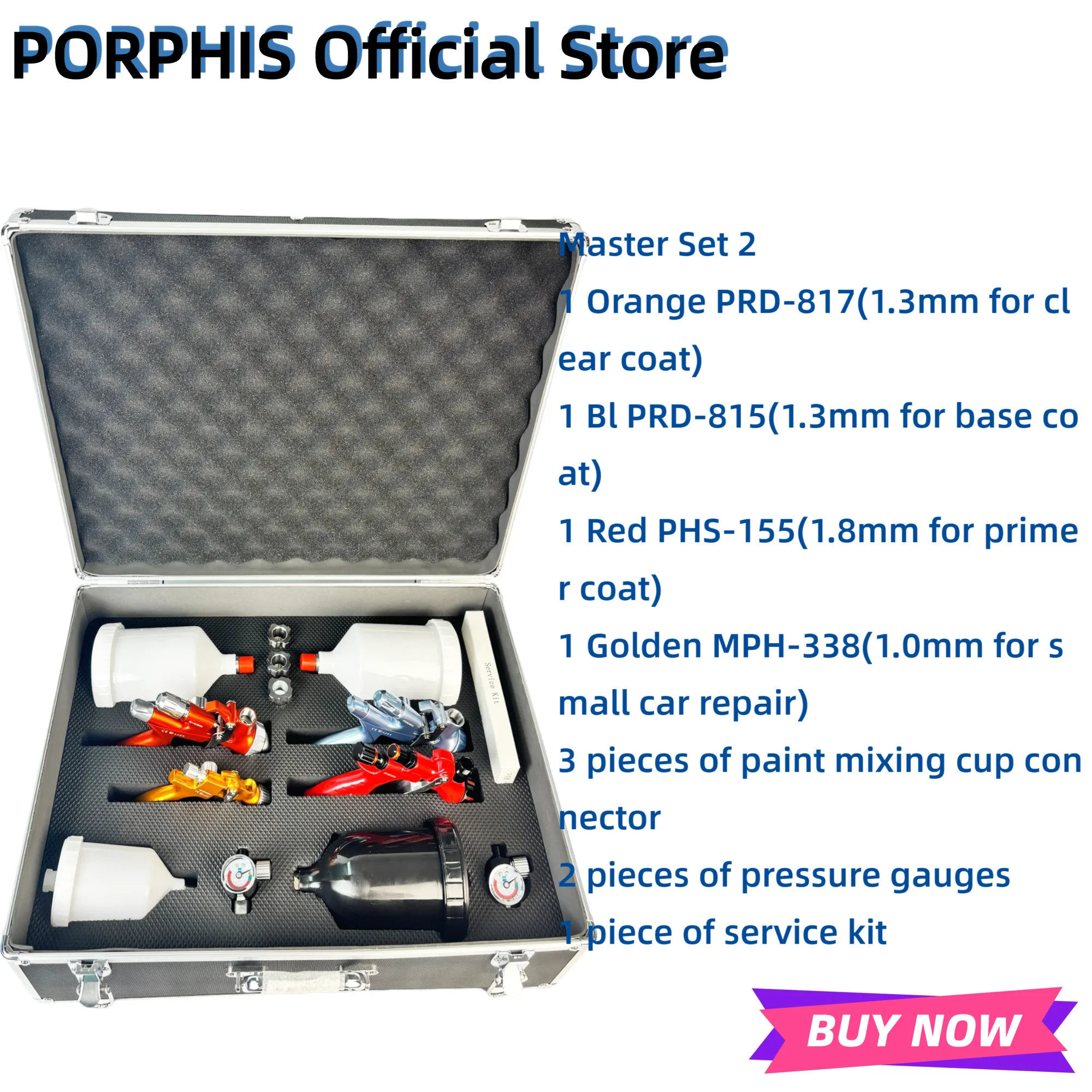 Фото Оригинальный набор пневматических пистолетов-распылителей PORPHIS PRD-817 PRD-815 PHS-155 MPH-338 для полнопокрытия автомобильной покраски автомобиля №2