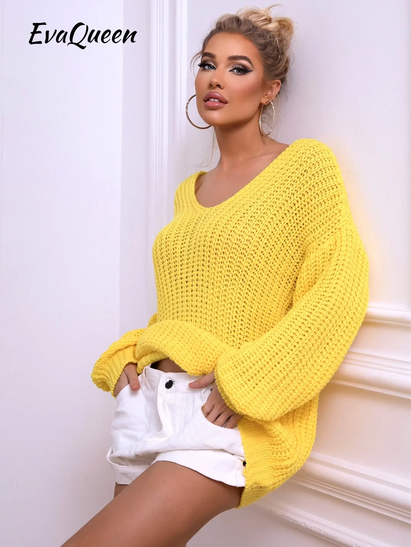 

EvaQueen V Neck Drop Shoulder Sweater