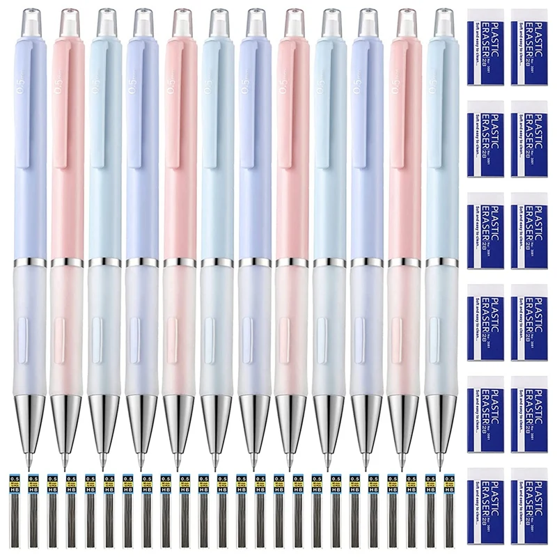 

12 шт. 3 цвета механические карандаши 24 стержни для карандаша с 12 белыми ластиками для рисования, письма, чертежей