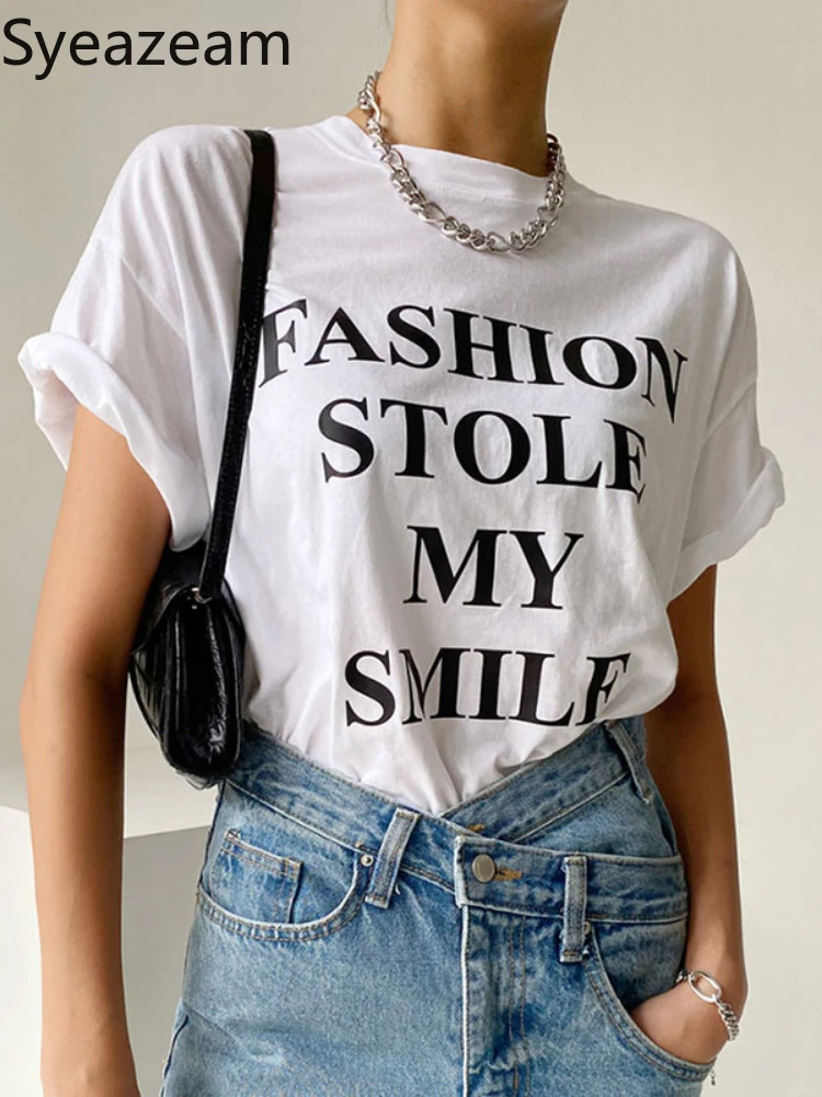 

Syeazeam Korean Chic Tshirts Ladies Summer O-neck Loose Casual Hit Color Letter Print Short Sleeve Simple T-shirt Top Women