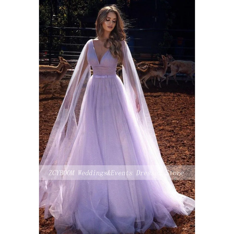 

Charming Purple V-Neck Sequin Bow Evening Dresses 2023 A-Line Floor Length Sweep Train Tulle Zipper Custom Made Formal Gown