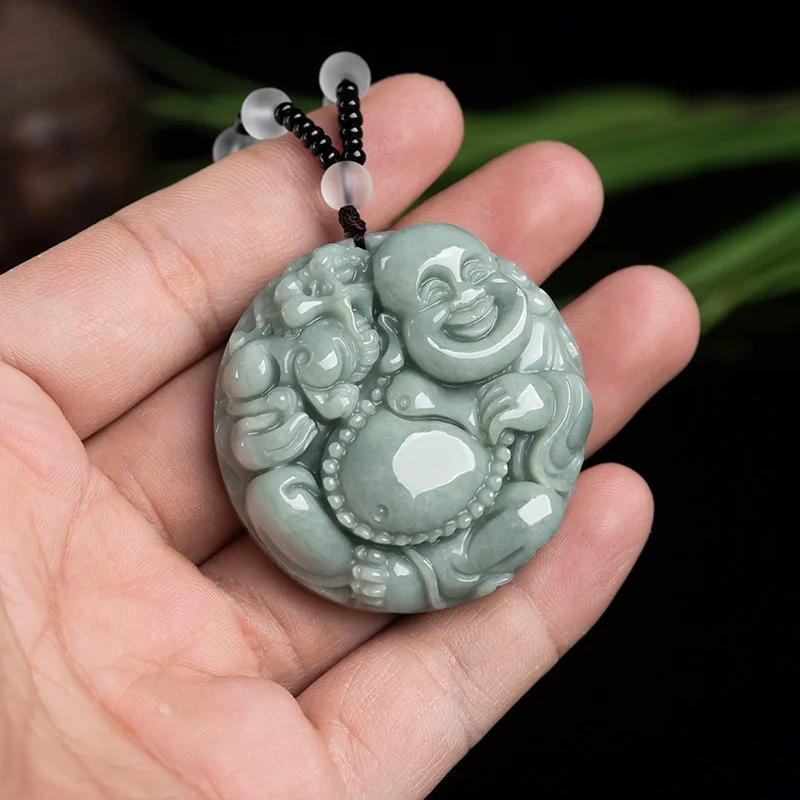 

Burmese Jade Maitreya Pendant Emerald Natural Stone Gemstone Men Jadeite Green Amulets Jewelry Carved Necklace Real Vintage