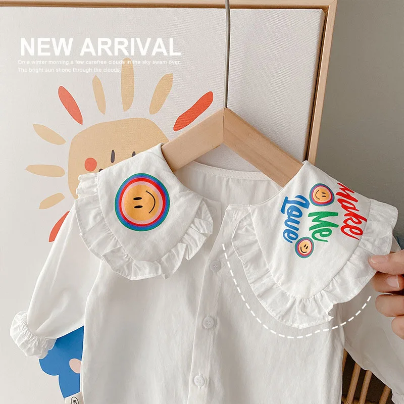 Smile Kids Base Tops Spring Kids Graphic Shirts Long Sleeve Girls White Blouses Toddler Peter Pan Collar Chemise Fille Hemden enlarge