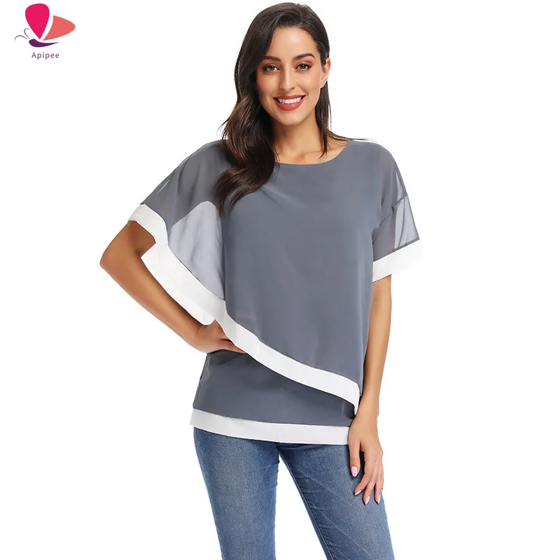 

Chiffon Blouse 2023 New Casual Short Sleeve Women Tops and Blouses Fashion Patchwork Shirt Blusas Camiseta Mujer 5XL
