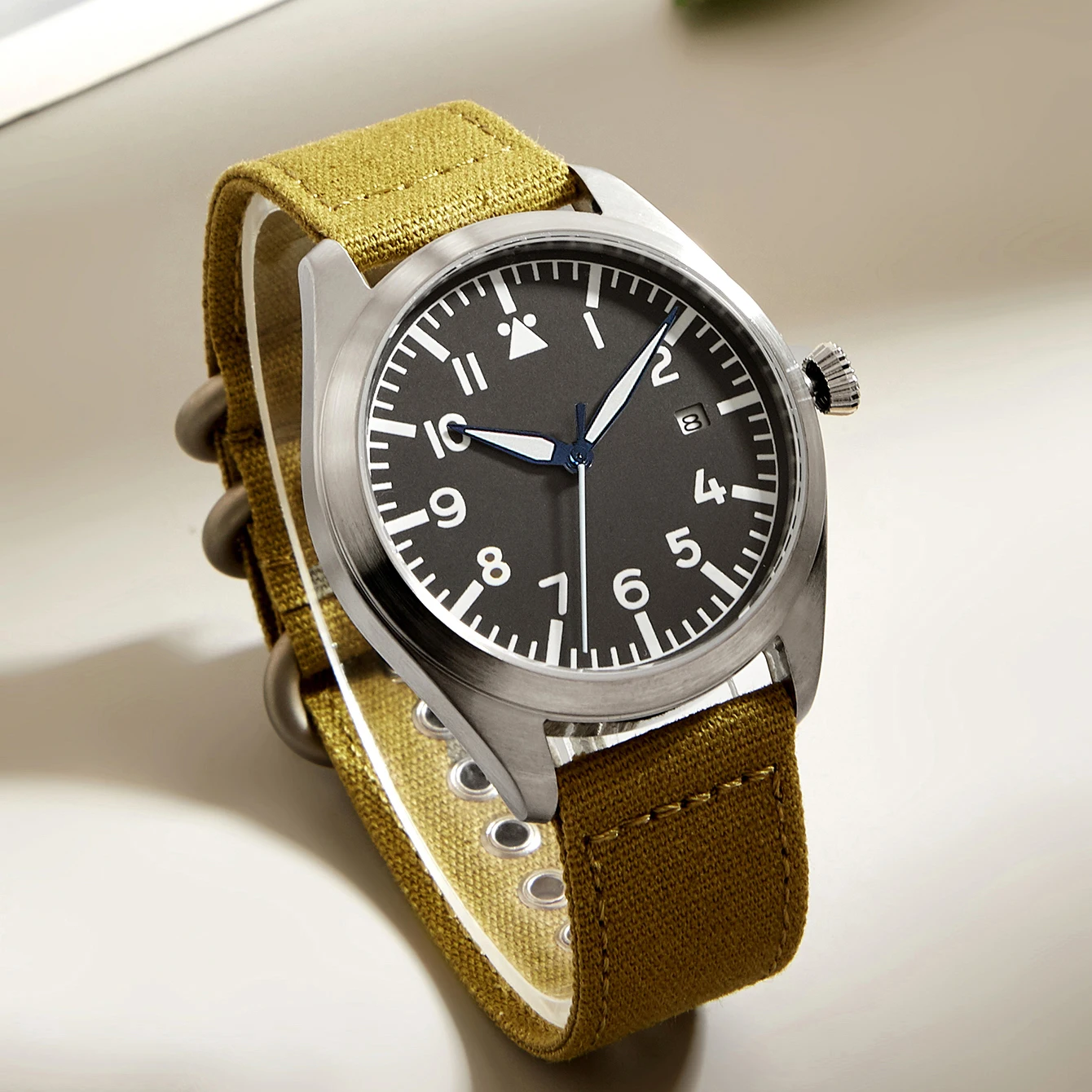 Фото Механические часы Холст Flieger Авиатор Пилот Наручные часы Оливково-зеленая стрелка Вторая мировая война Немецкий WW2 Автоматический механизм Япония Сапфир №4
