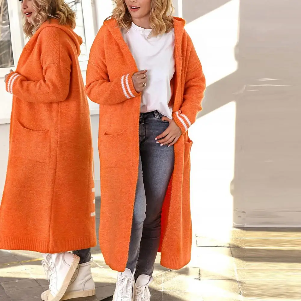 

Модная трикотажная одежда с капюшоном без пуговиц, вязаный кардиган на ощупь, женский свитер до середины икры, вязаный свитер с капюшоном