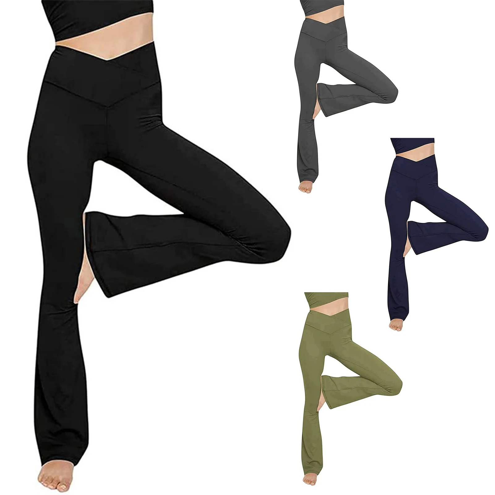 Women Crossover Split Pants Bootcut Yoga Pants High Waisted Full Length Flare Workout Pants Bootleg Leggings With Pockets