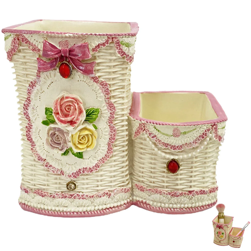 

Pen Pot 2-compartment Holder Vintage Style Desktop Brush Container