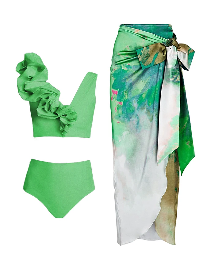 

Art Green Gradation Print Bikini Women Two Piece V Neck Swimsuit Cover Up Summer Hight Waist Beach Bathing Suit 2023