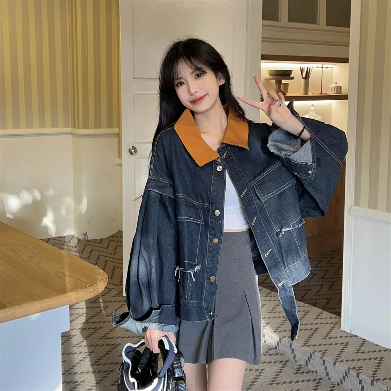 

Женское джинсовое пальто, свободный винтажный Топ контрастных цветов в Корейском стиле, весна-осень 2023