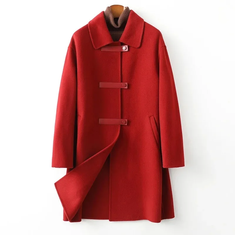 

Double Side Cashmere Wool Coat Women Autumn Winter Coat Loose Long Woolen Coat Camel Red Outerwear Windbreaker Clothing Female