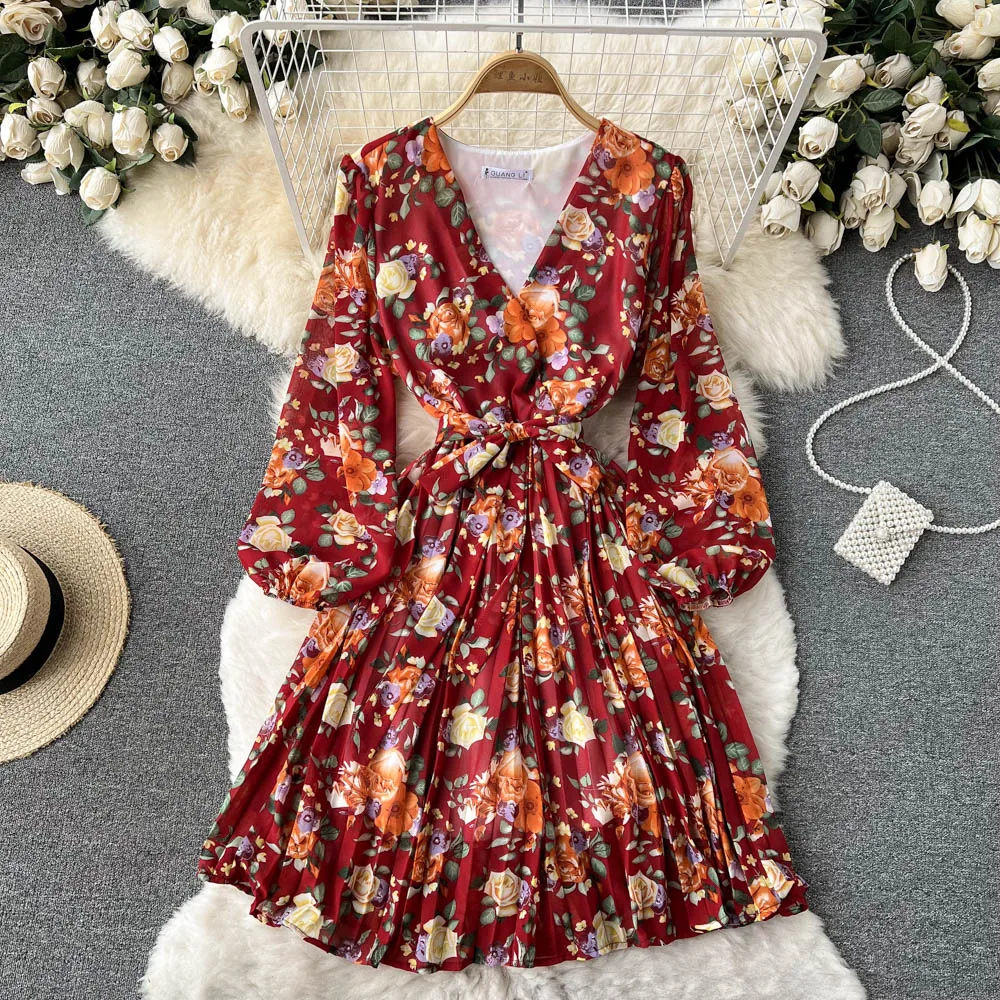 

D125 Women's New Fashion Spring Autumn V-neck Floral Print Pleated Short Dress Lace Up Waist Slim Long Sleeve Chiffon Vestidos