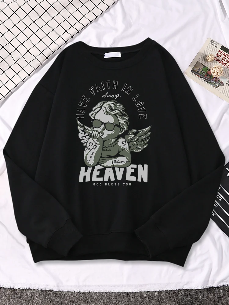 

Have Faith In Love God Bless You Eros With Tattoo And Sunglasses Printed Womans Hoody Shoulder Drop Style Tops Hoodie For Women
