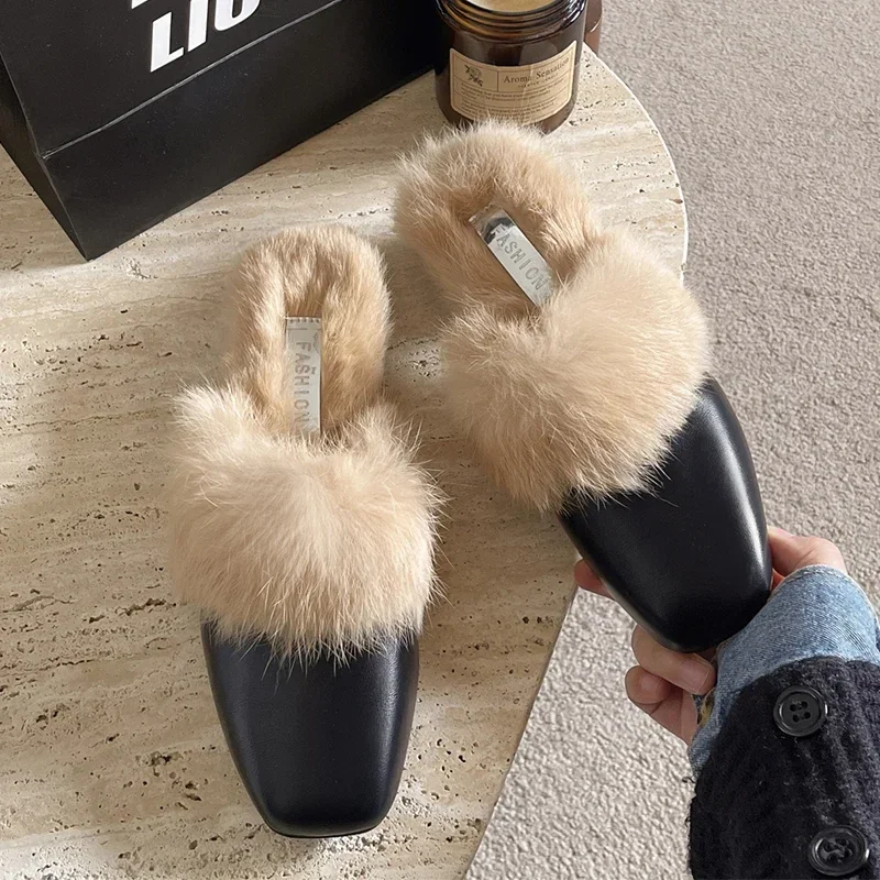

Fur Square Toe Women Walking Shoes Warm Mid Heels Home Cotton Slippers 2024 Winter New Designer Chunky Flip Flops Casual Shoes