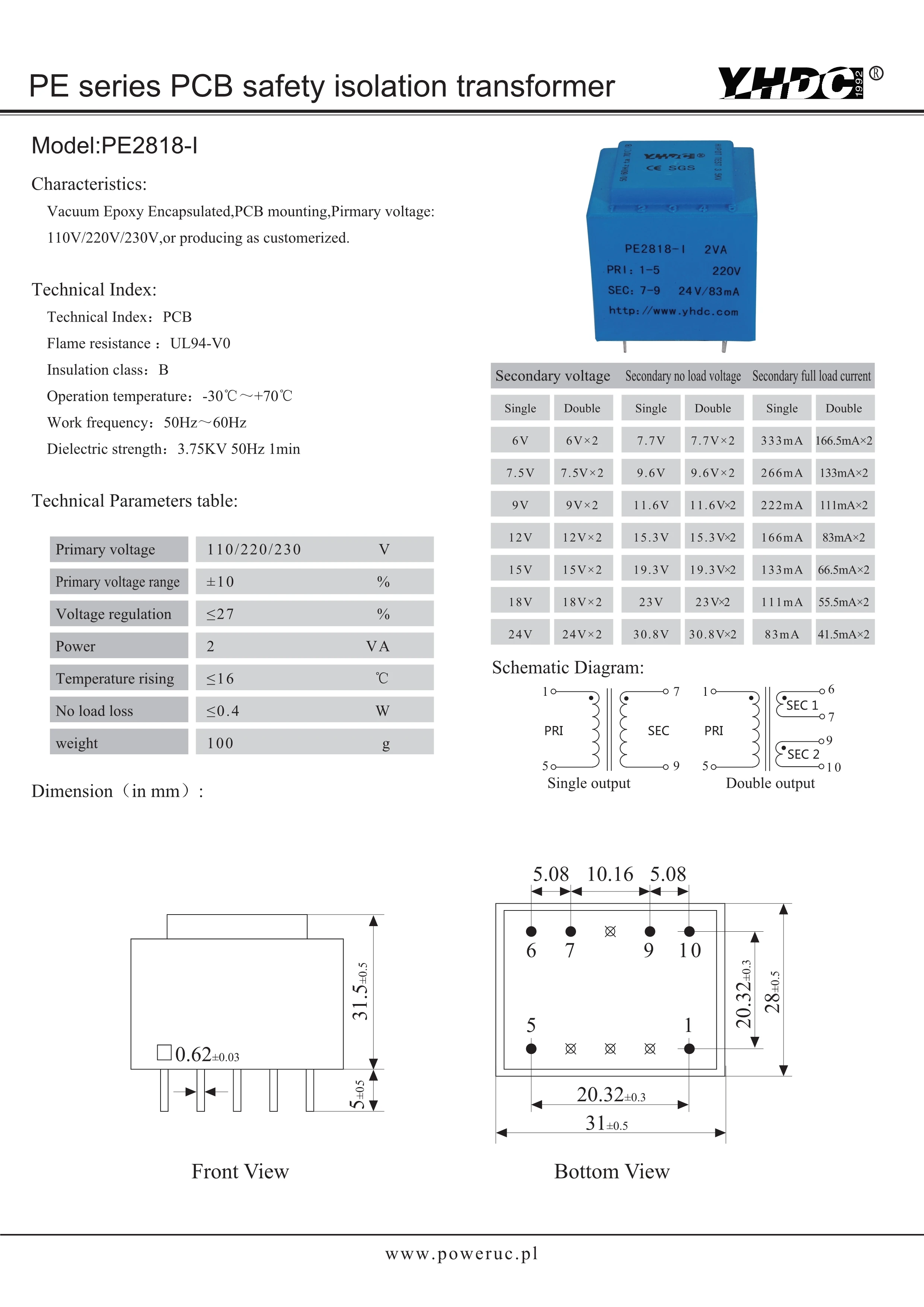 PE2818-I 2VA 220V 24V трансформатор для монтажа печатной платы Инкапсулированный |