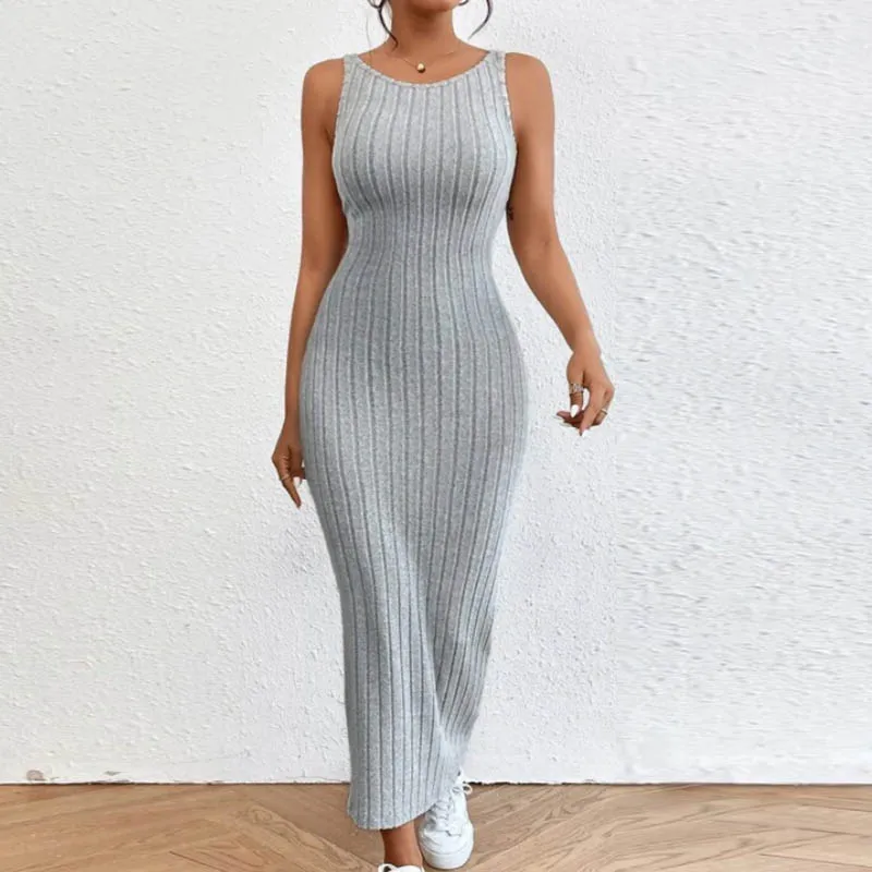 

Women Knitted Ribbed Bodycon Tank Long Dress Sleeveless Backless Solid Slim Fit Summer Sexy Cutout Long Dress for Party Cocktail