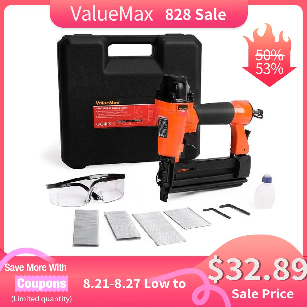 ValueMax 2 in1 Air Nail Gun Furniture Brad Nailer Pneumatic Gun Wood Frame Stapler Pneumatic Tool Power Tools with 400pc Staples