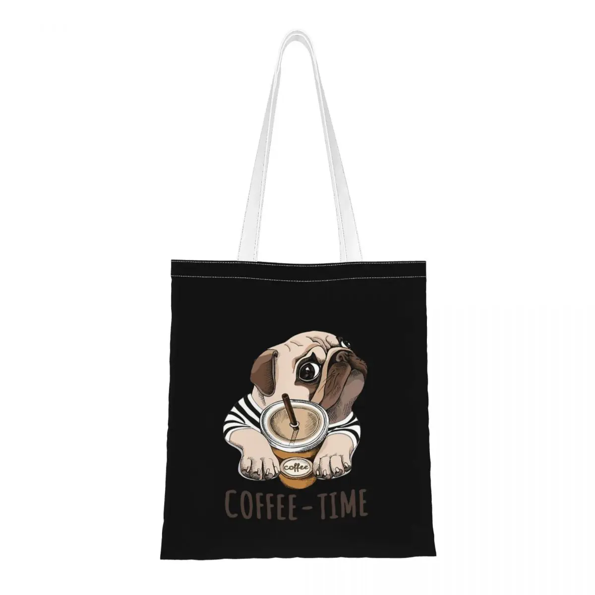 

Coffee Time Pug Funny Dog Pet Shoulder Bags Women Canvas Tote Bag Trendy Bulldog Lover Animals Large Capacity Canvas Tote Bag