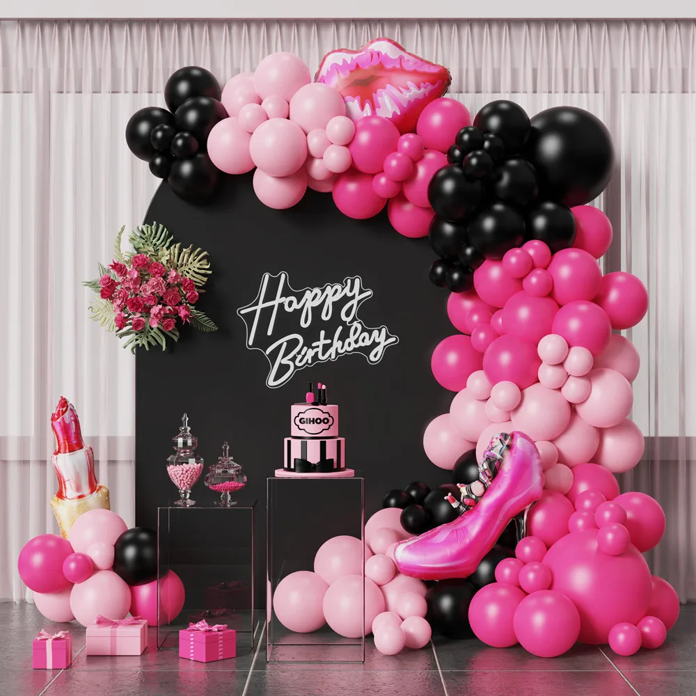 

Makeup Theme Balloon Garland Arch Kit Rose Red Lipstick High Heel Foil Balloons Girls Birthday Baby Shower Party Decoration