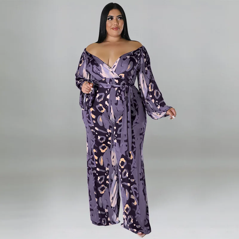Plus Size Women 5xl Jumpsuit V Nexk Print One Piece Outfit Sexy Fashion Wide Leg Pant Lady Club Fall Belt Wholesale Clothes