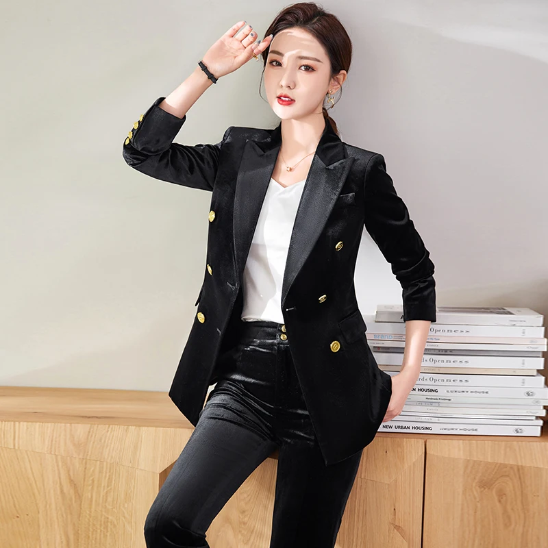2023 Spring and Autumn New Blue Black Double breasted Fleece Suit Coat Women's Pants Two Piece Set Elegant Fashion Commuter Tren