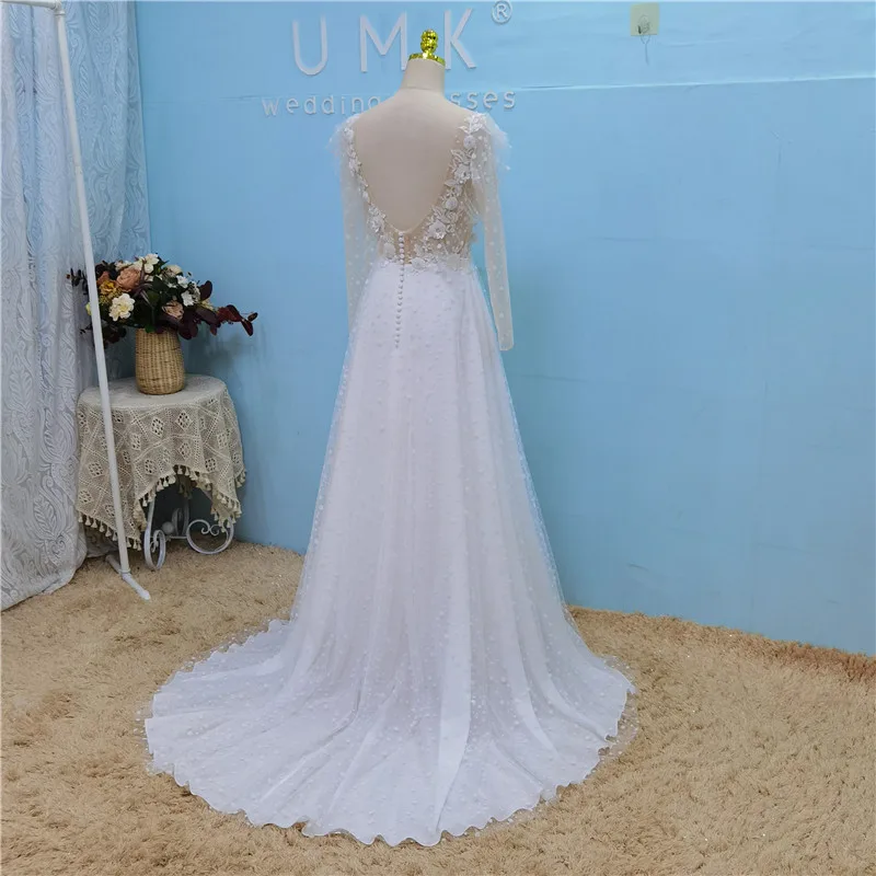 UMK Sexy Illusion Bohemia Wedding Dress Long Sleeve Dot Tulle Appliques Beading Beach Bridal Gowns | Свадьбы и торжества