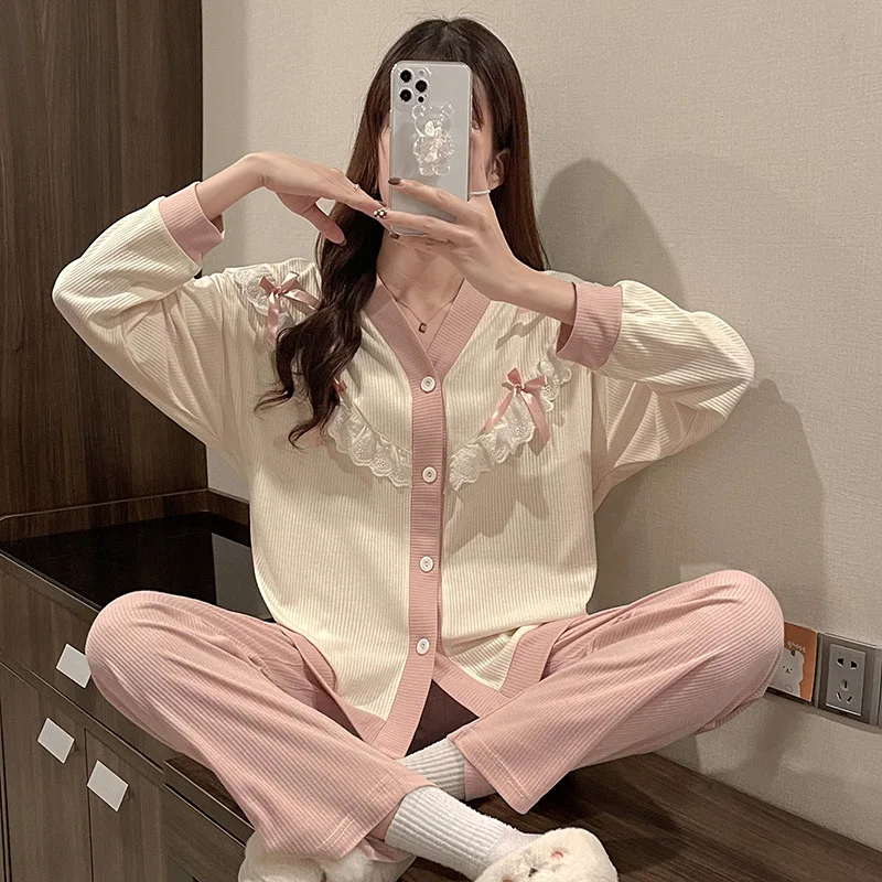 

Female Spring Autumn New Palace Style Suit Women Long Sleeve Comfortable Nightclothes Loose Leisure Cotton Pajama Set Sleepwear