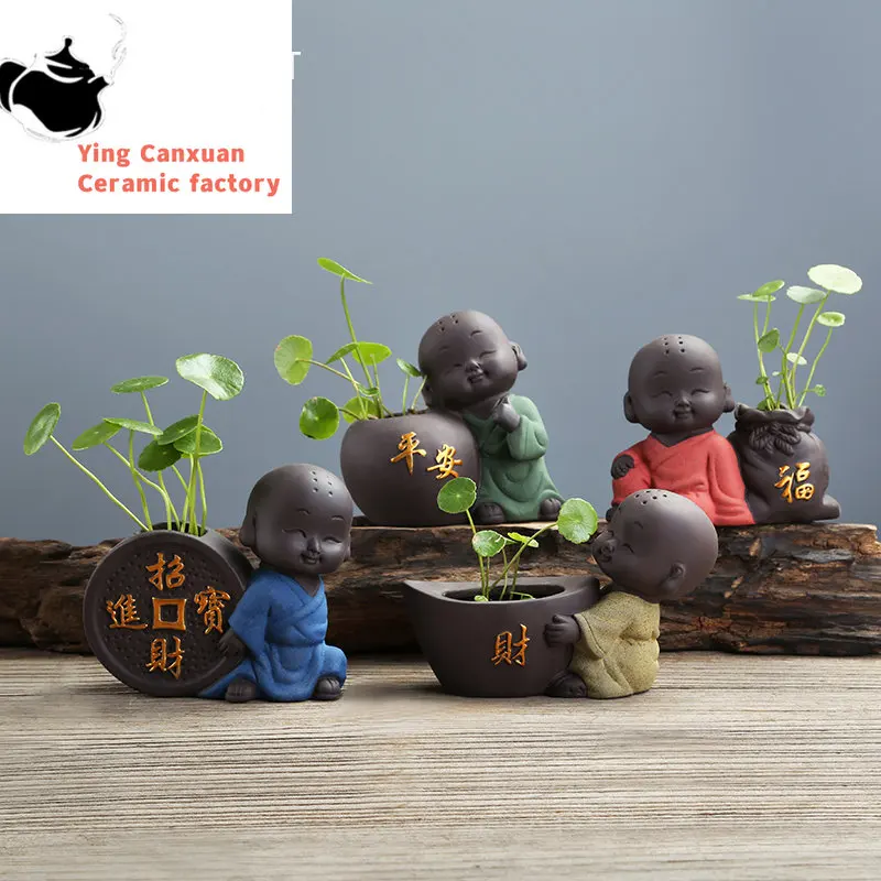 

Creative Purple Clay Tea Pet Cute Small Buddha Monk Figurine Flower Pot Ornament Handmade Tea Set Accessories Boutique Crafts