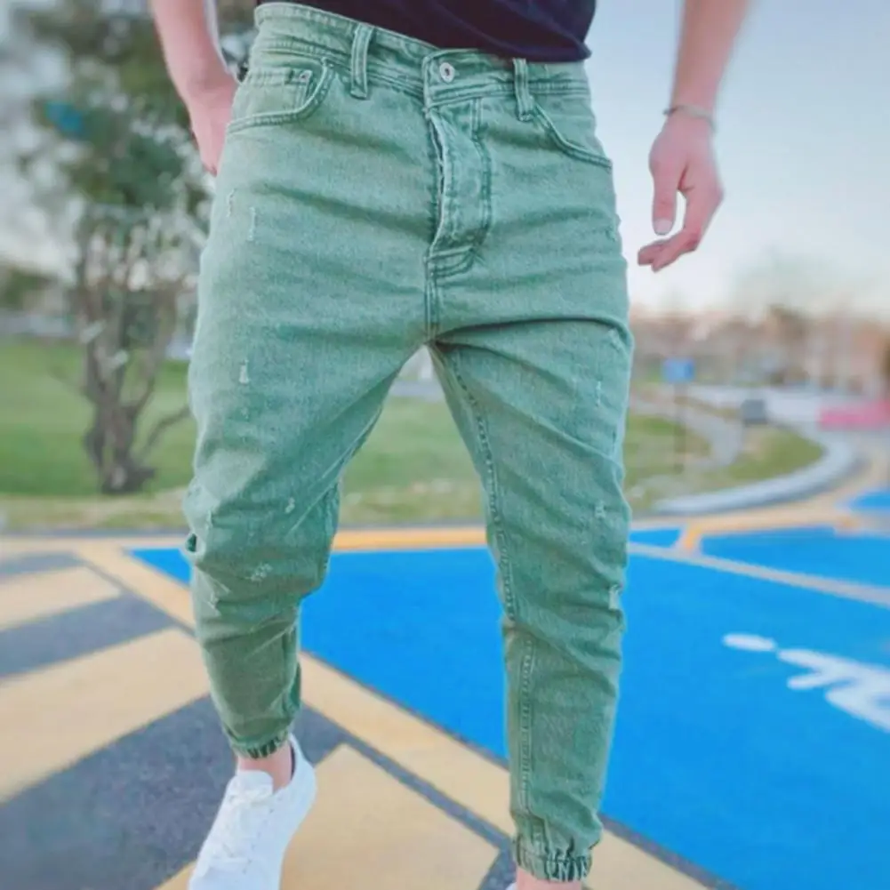 

Мужские джинсы, однотонные рваные зауженные брюки на молнии для лета