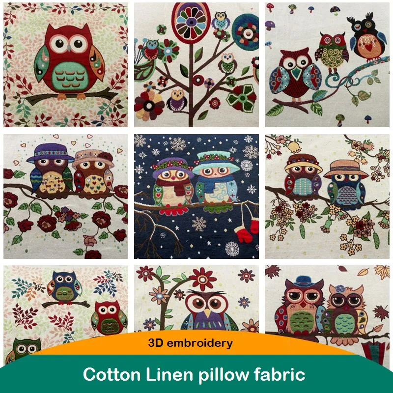 

3D embroidery Owl fabric Cotton linen cloth 50*50cm Thick handmade DIY patchwork sewing for Pillow Mat Sofa cover free shipping