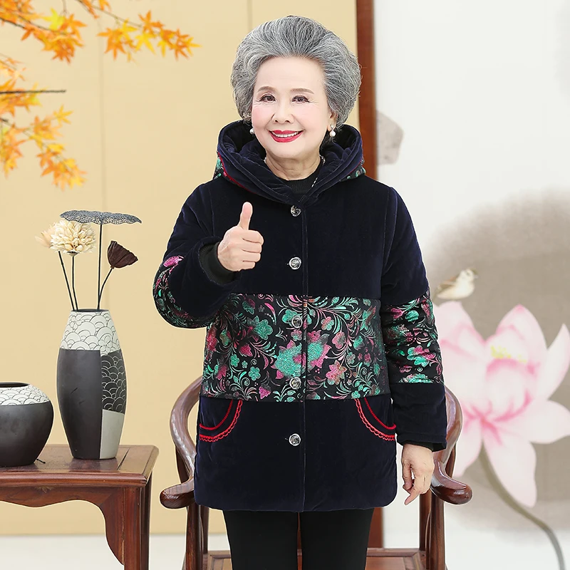 Winter Thicken Middle Aged Elderly Women Coat Hooded Fleece Grandma Cotton Jacket Warm Mid-Long Mother Parka XL-5XL
