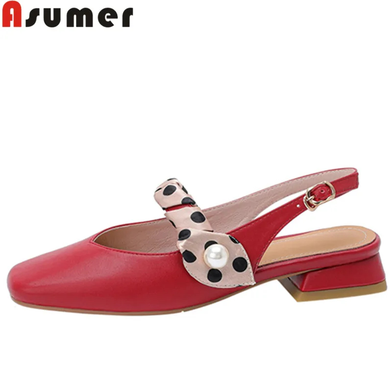 

ASUMER 2022 New Fashion Genuine Leather Women Sandals Square Low Heels Sandals String Bead Ladies Summer Dress Shoes