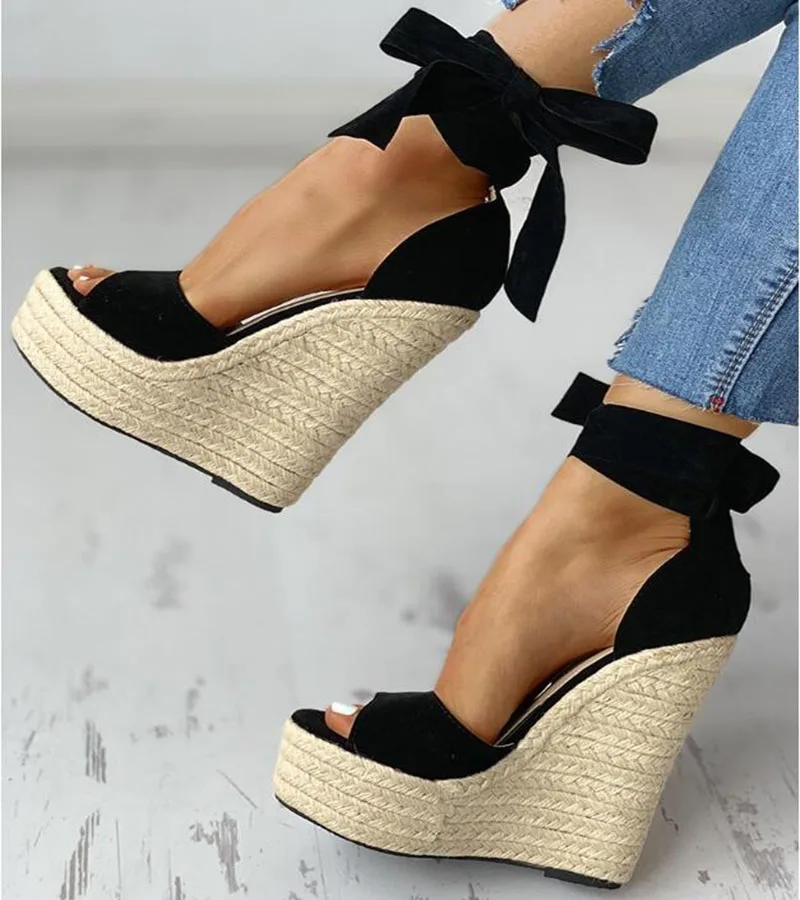 

Women's Summer Bow-tie Solid Black Open-toed Sandals Fashion Platform High-heeled Wedge-shaped Shoes Ankle Bow Tie Dress Shoes