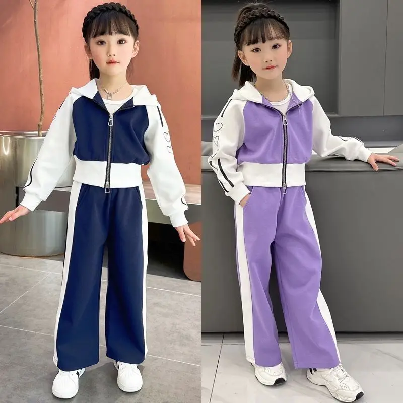 

Girls Teen Sports Set Spring Autumn Korean Junior Kids Striped Hooded Coat+Pants 2Pcs Suit Children Loungewear Clothes for 5-15Y