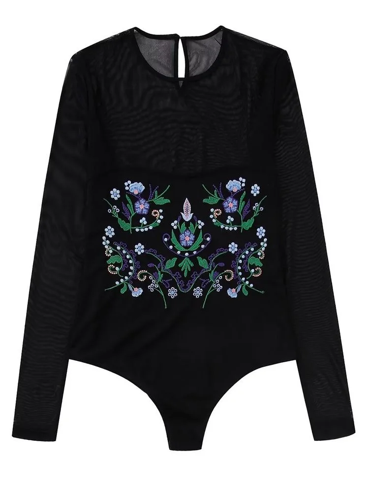 

ZXQJ Women 2023 Fashion Sexy Fashion Embroidered Silk Net Rib Knit Bodysuits Vintage O Neck Long Sleeve Female Playsuits Mujer