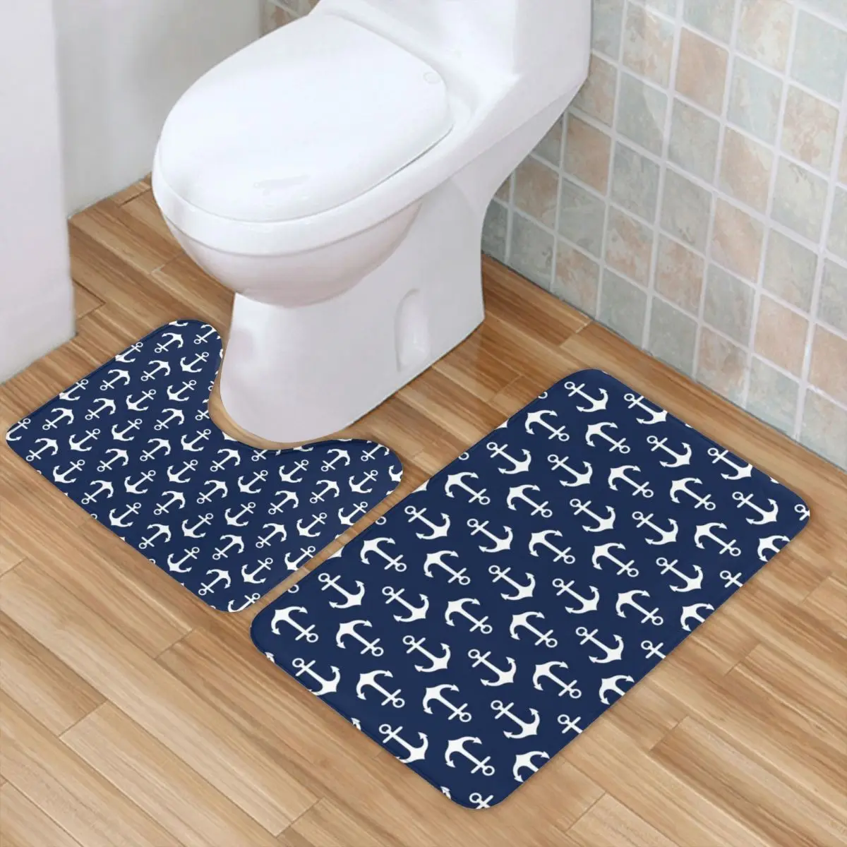 

Navy Blue Nautical Bath Mat Anchor Pattern Vintage Polyester 2 Piece Bathroom Mat Set Foot Anti-Slip Bathroom Rug