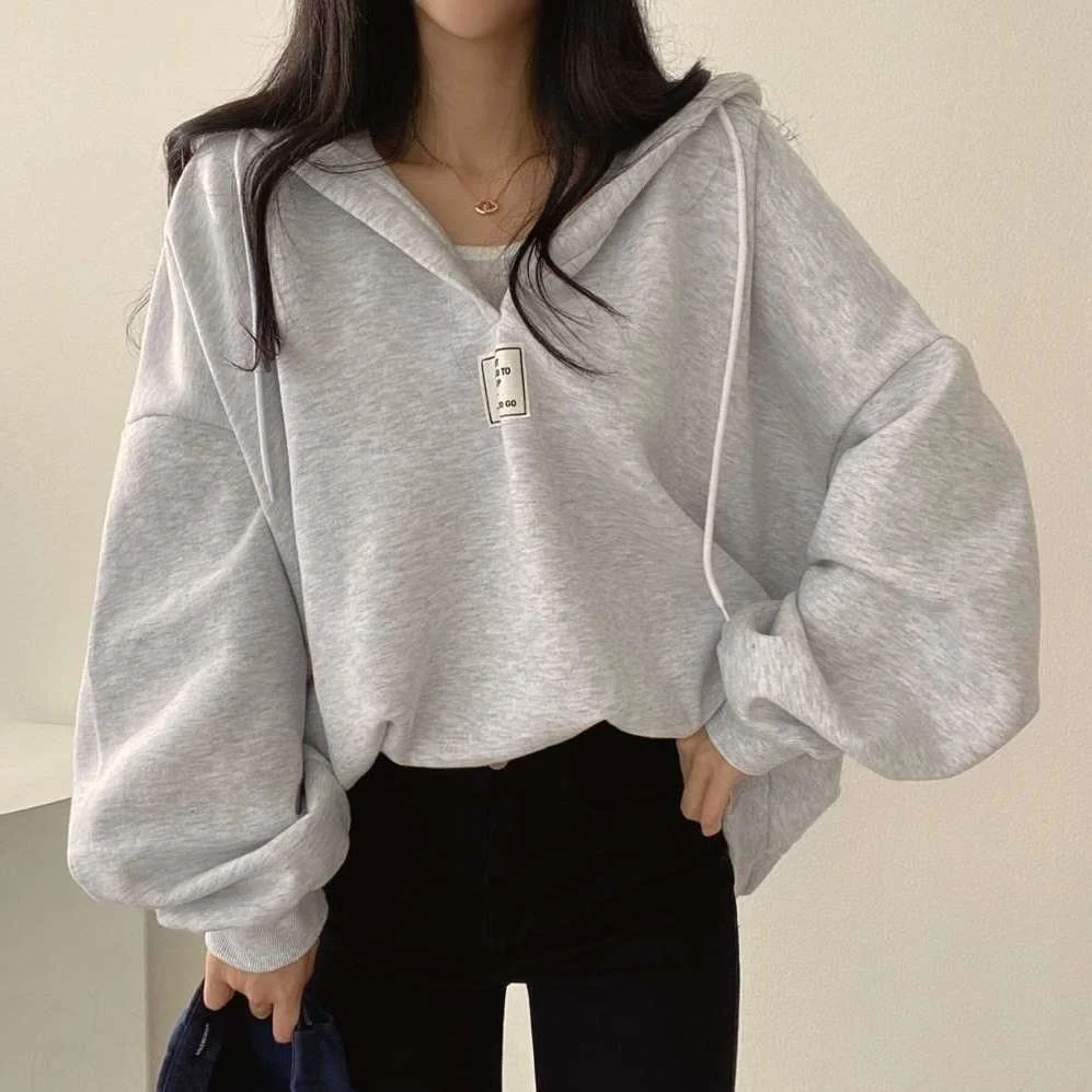 

Korean Chic Spring And Autumn BF Lazy Wind Bat Sleeve Loose V-neck Thickened Hoodie Pullover Hoodie Jacket Female