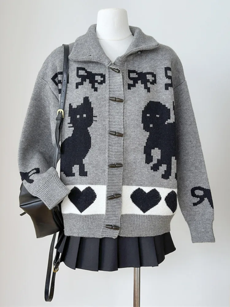 Женские вязаные кардиганы с рисунком кота в стиле ретро корейский шикарный