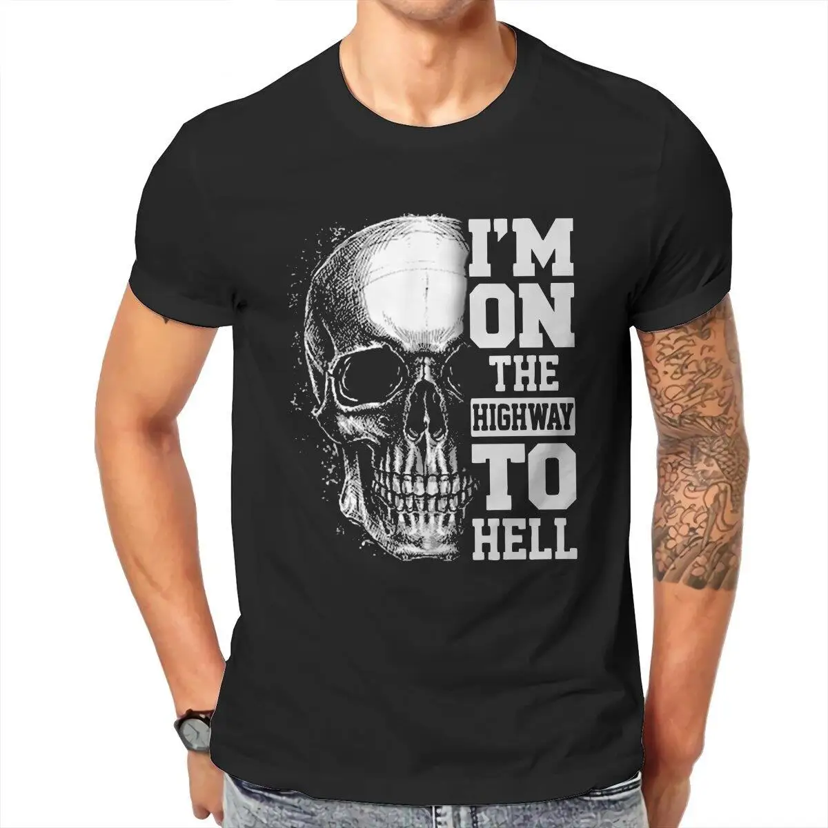 Vintage Skull I'm on the Highway to Hell T-Shirts for Men 100% Cotton T Shirts Horror Halloween Short Sleeve Tees Gift Idea Tops