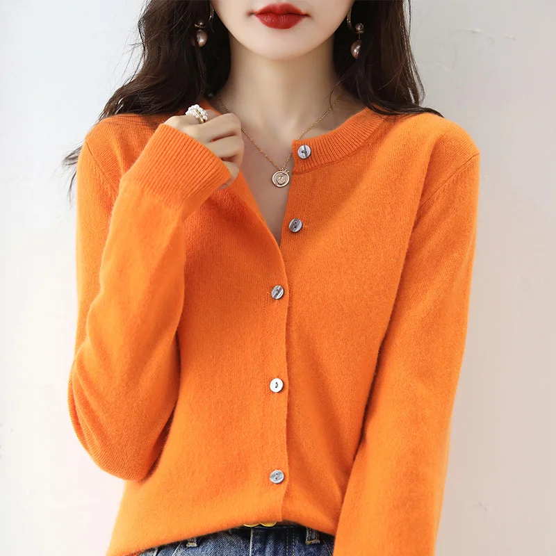 

New cashmere women's cardigan O-neck sweater spring and autumn winter solid color women's long sleeve wool knitted soft top mult