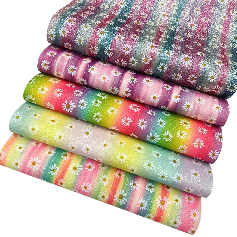

XHT Daisy Flower Colorful Printed Rainbow Fine Glitter Faux Leather Fabric Sheet for Shoe/Bag/Decoration/DIY Accessories