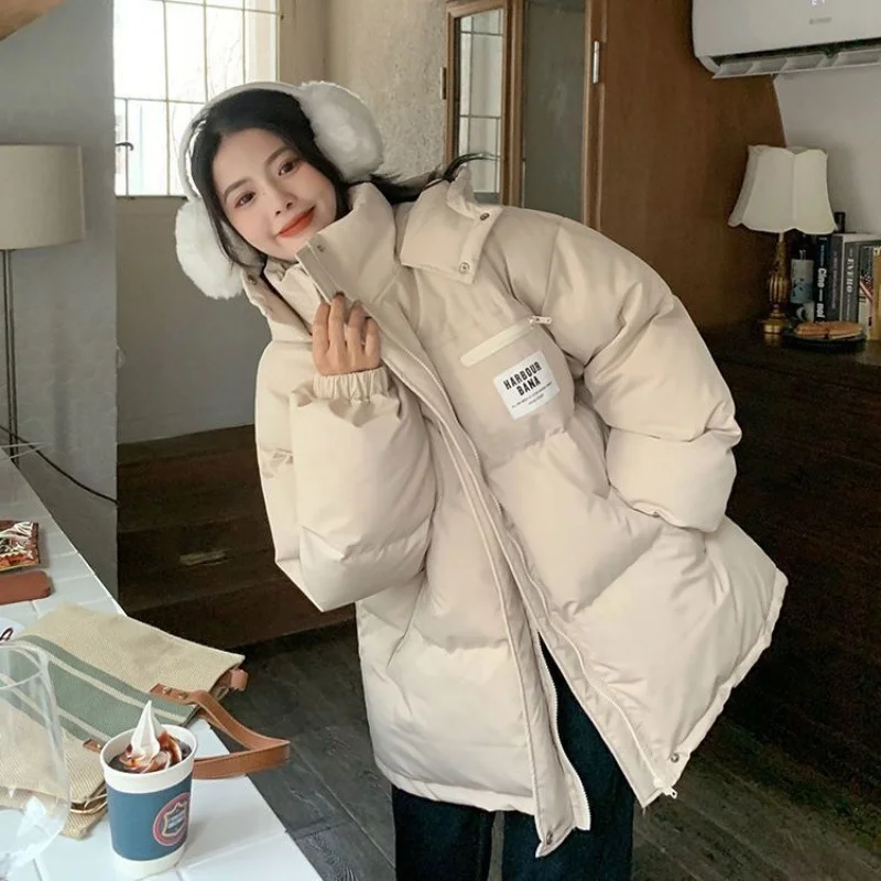 Winter Cotton Coat Fashion Korea Padding Bread Cotton Coat 2022 New Hooded Loose Warm Pink Coat Medium Long Cotton Jacket Women