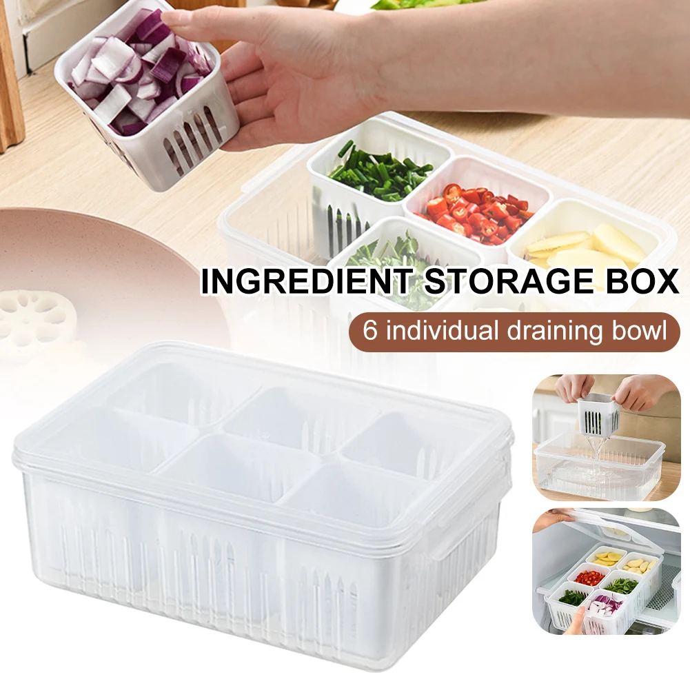 

Refrigerator Food Storage Container with Lid Reusable 6 Individual Drain Bowls Dishwasher Safe Food Prep Container Box Organizer