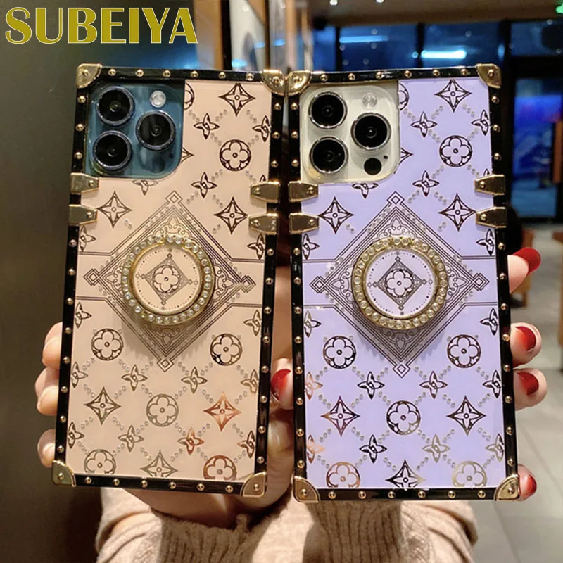 

Fashion Fall-proof For Iphone14 Mobile Phone Case Luxury Diamond-encrusted Flowers Square With Bracket 13promax Protective Case